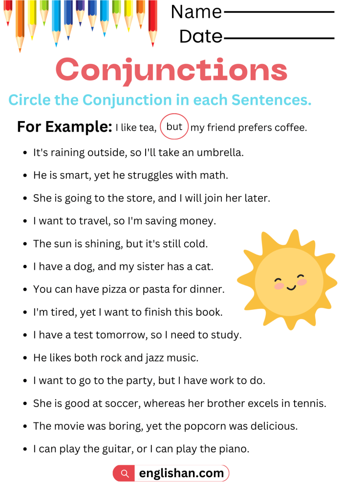 Conjunctions practice worksheet for fifth graders number 20 Fifth grade worksheet focusing on conjunctions and sentence completion