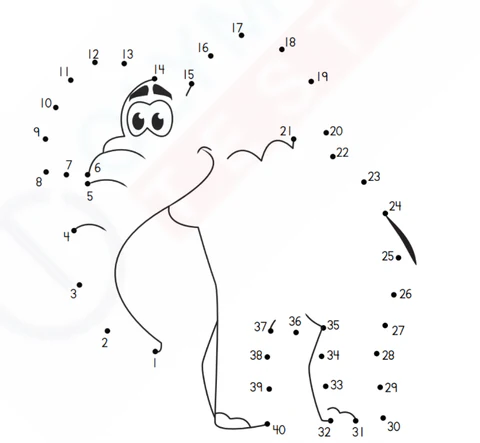 Elephant dot-to-dot drawing exercise for early learners discovering African wildlife Connect the dots from 1 to 50 to reveal the world's largest land animal in this kindergarten worksheet activity
