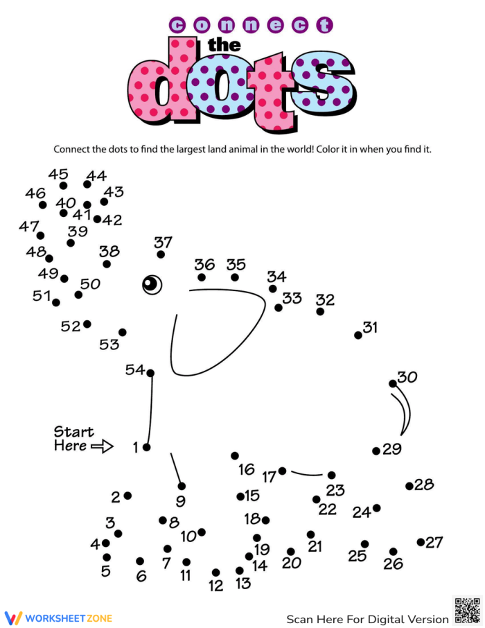 Kindergarten Connect the Dots Activity 12 featuring an elephant life science worksheet Connect the Dots Elephant worksheet for kindergarten students learning about the world's largest land animal by connecting numbered dots 1 to 50
