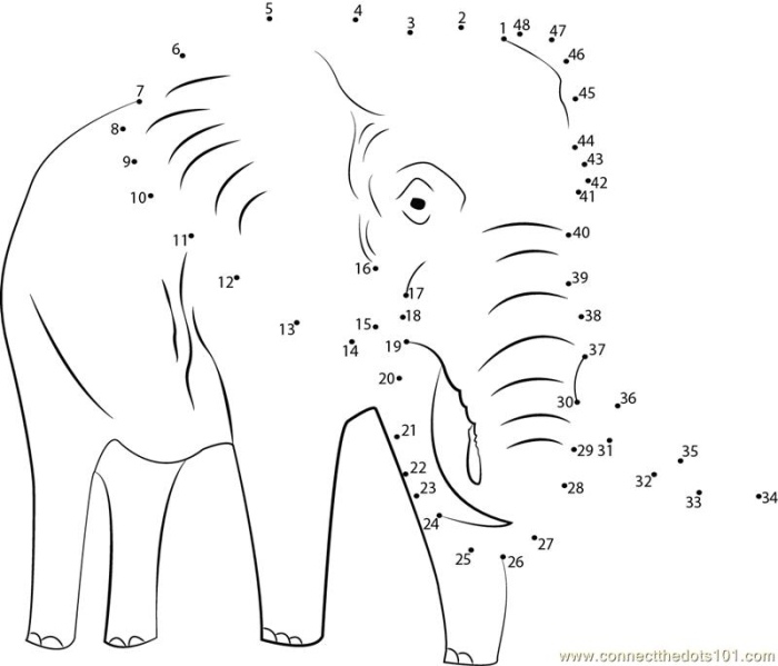Kindergarten Connect the Dots Activity 17: Complete the Elephant Drawing by Connecting Numbered Dots Connect the Dots Elephant worksheet for kindergarten students to draw lines from number 1 to 50 and discover the largest land animal
