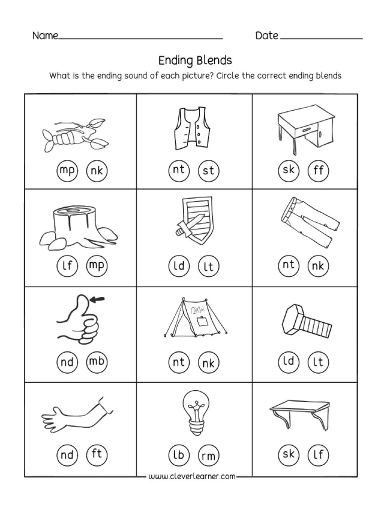 Spelling exercise for young learners focusing on ending blends, image 7 First Grade Ending Consonant Blends worksheet with jumbled word parts to match