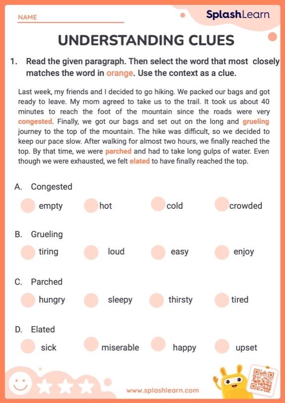Context Clues Check-In worksheet for third graders assessing vocabulary understanding