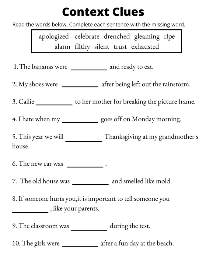 Context Clues Check-In worksheet for third graders assessing vocabulary skills