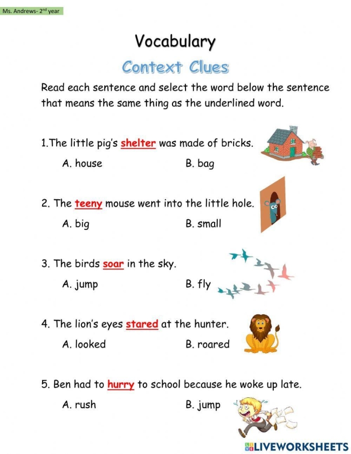 Context Clues Check-In worksheet for third graders assessing word meanings through context