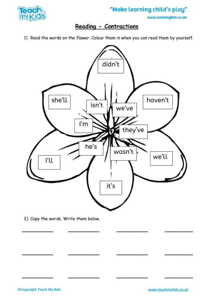 Worksheet for assessing first graders on common contractions reading skills 13 First Grade student practicing reading contractions with a worksheet in a classroom