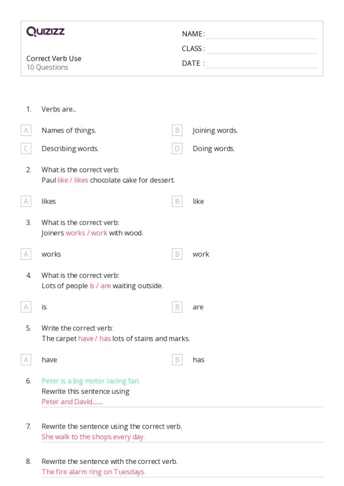 Correcting Errors in Verb Mood worksheet for eighth graders Worksheet for correcting verb mood errors in eighth grade grammar