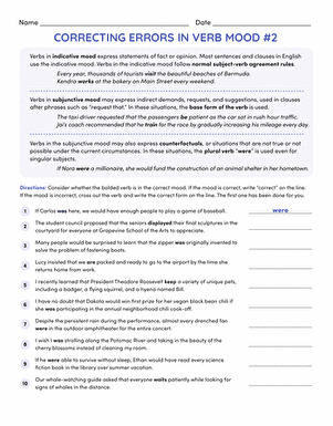 Correcting Errors in Verb Mood Worksheet for Eighth Grade Grammar Practice Worksheet featuring exercises on correcting verb mood errors for eighth graders
