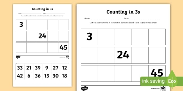 Skip counting by threes helps third graders understand addition and multiples of three Third grade students practice counting by threes on a colorful math worksheet