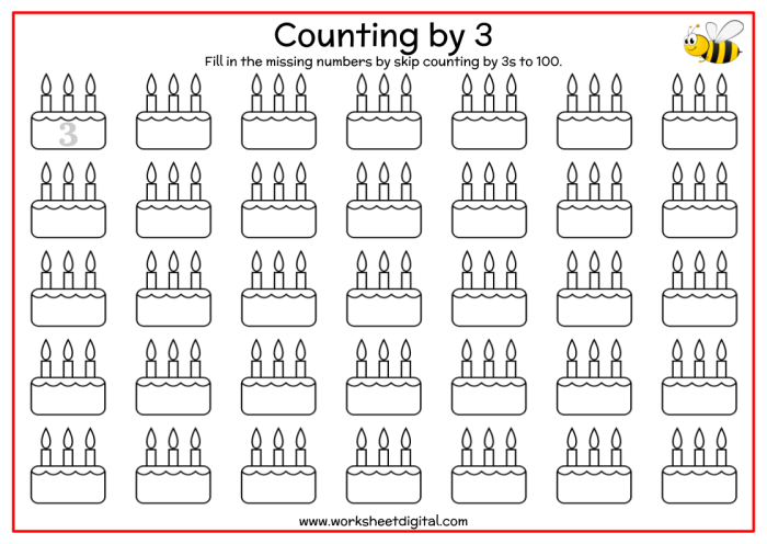 Skip counting by threes exercise for third graders learning multiples of three Third grade math worksheet for counting by threes in Earth and Space Science