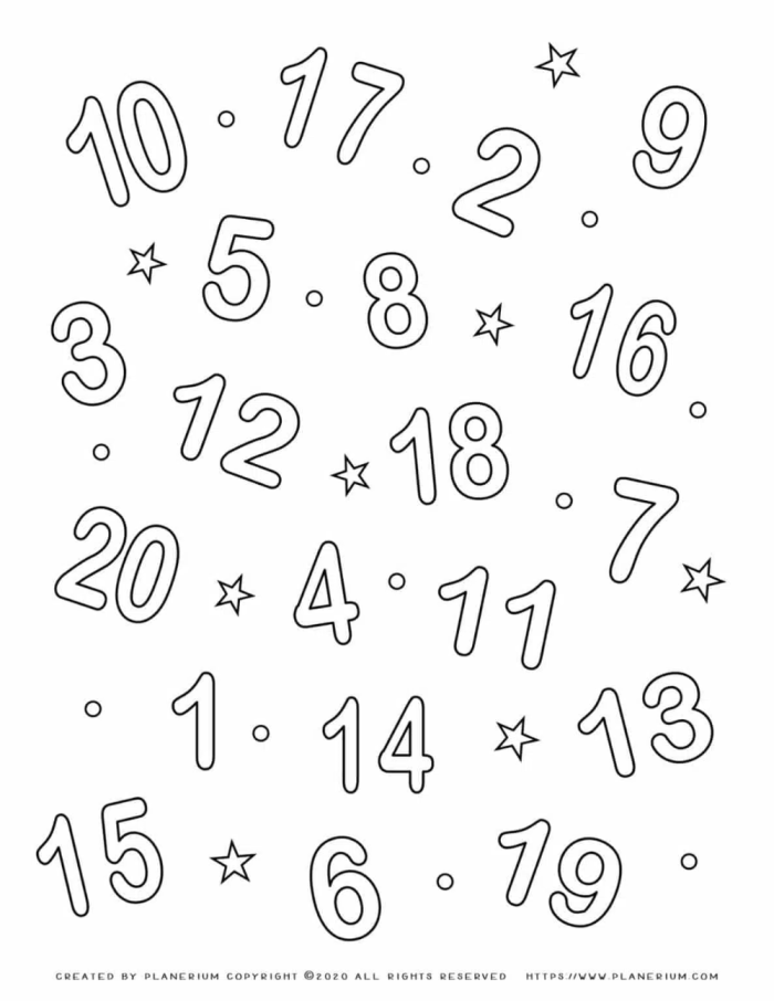 Kindergarten worksheet showing kids coloring and counting 20 teacups to learn numbers