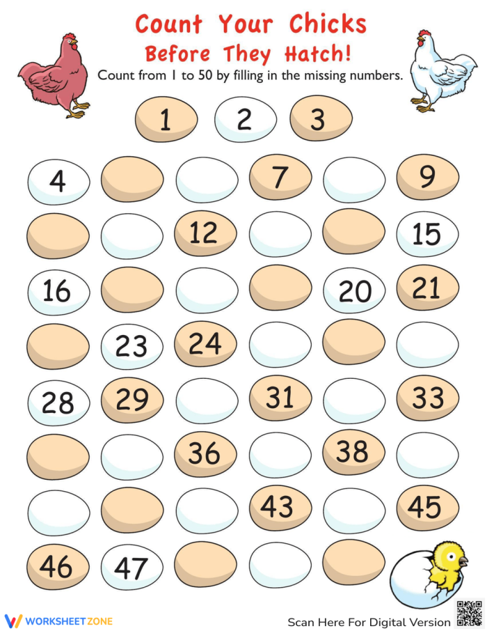 Counting practice worksheet for young learners featuring eggs to fill in missing numbers First Grade Count Your Chickens worksheet with eggs numbered up to 50