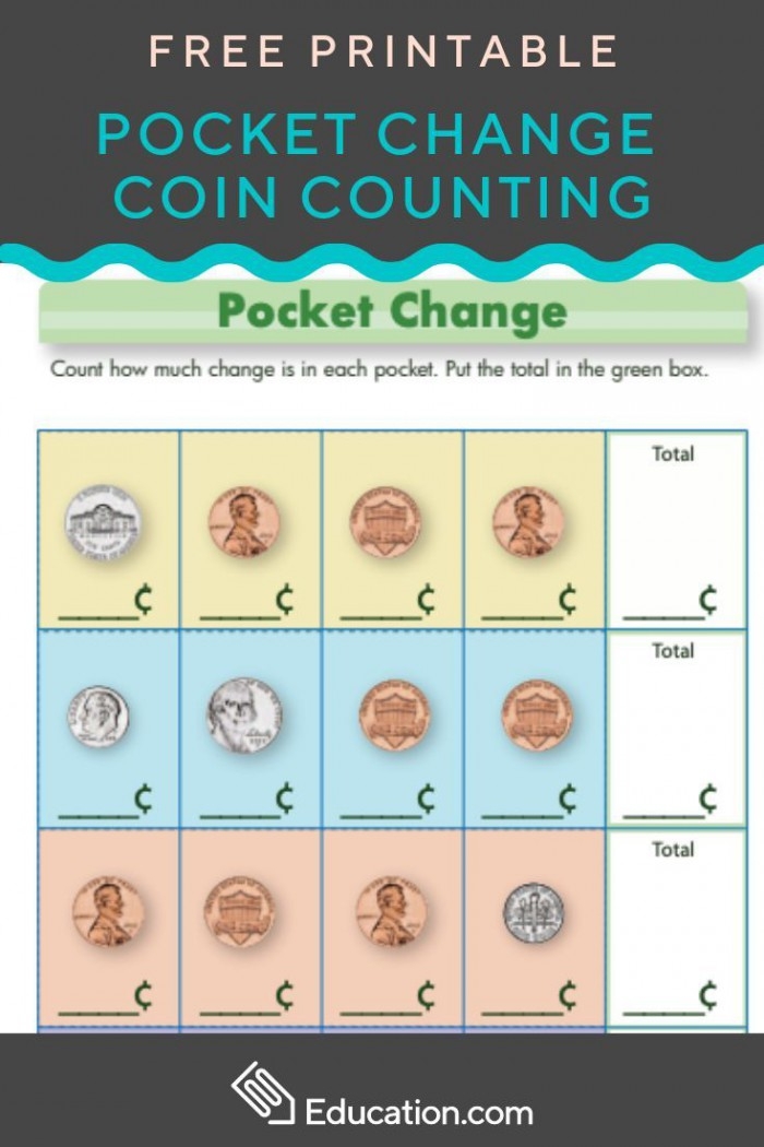 Fun coin-counting activity to help children learn about money management Colorful worksheet for kindergarteners to practice counting pocket change