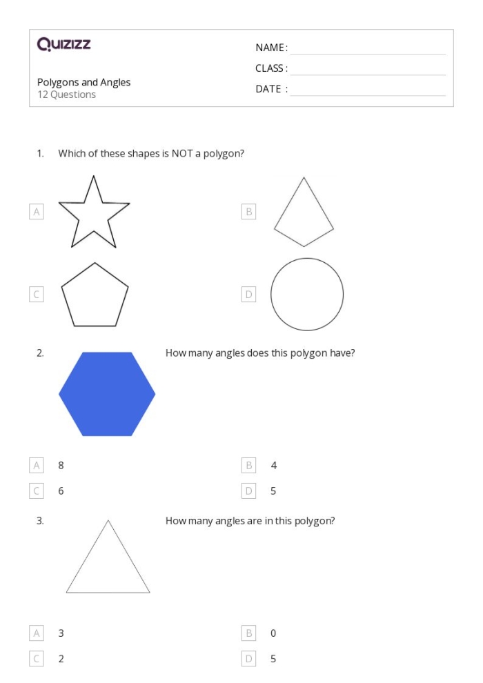 Third Grade worksheet focusing on counting angles in various flat shapes