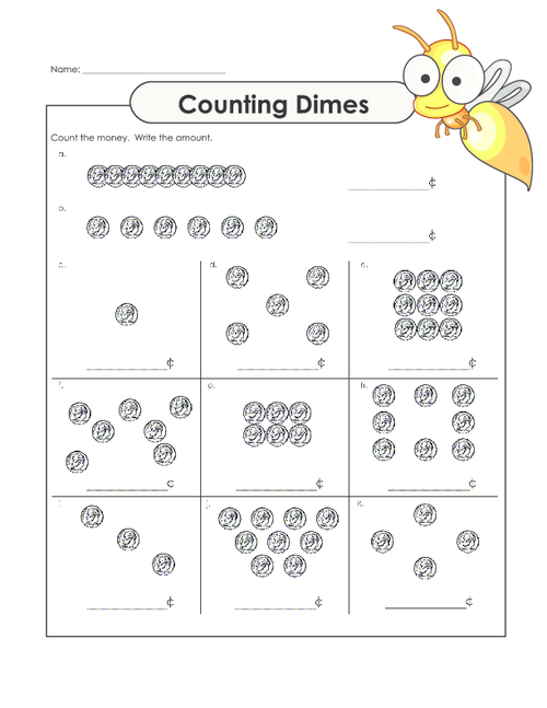 First Grade How Many Dimes worksheet with coins for counting practice