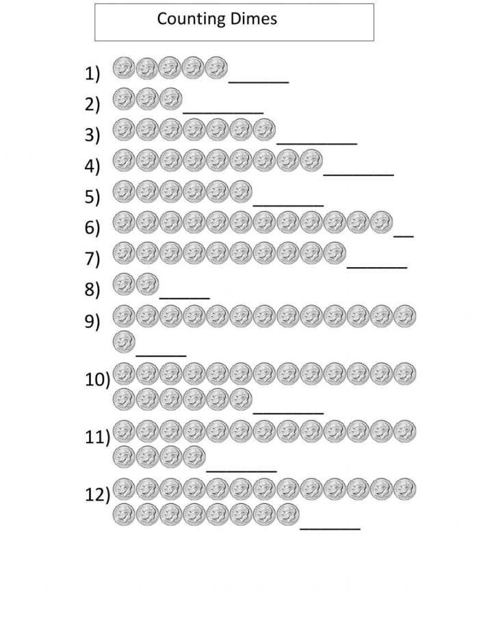 First Grade How Many Dimes worksheet with coins for counting practice