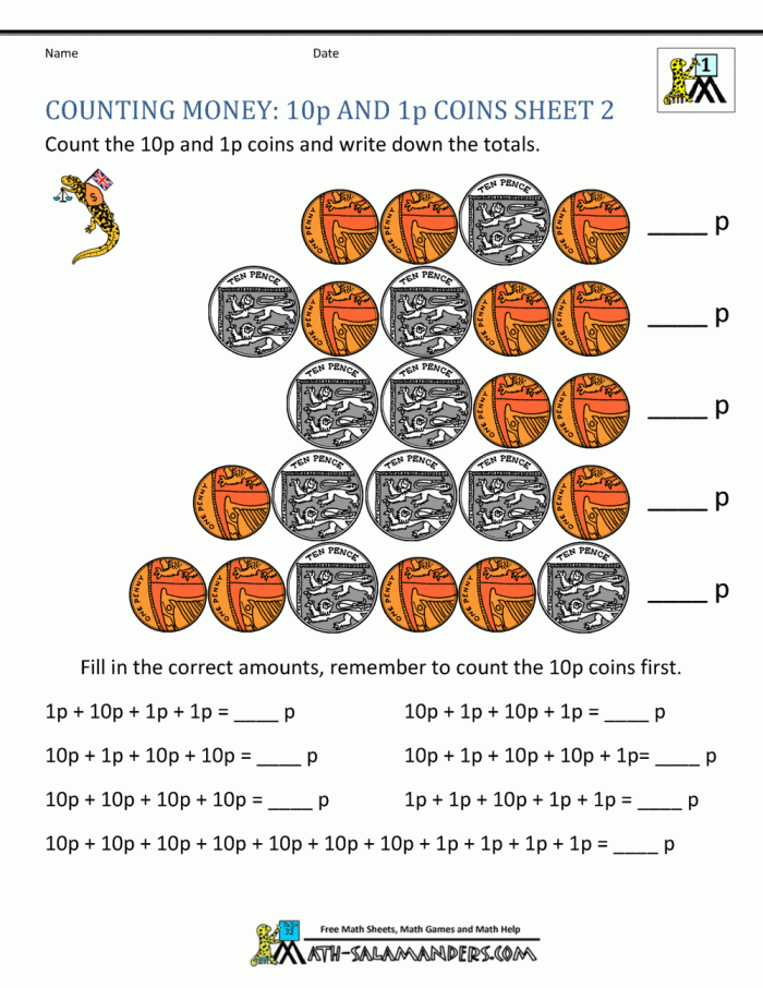 Count the Pocket Change worksheet to help children learn about coins Worksheet for counting pocket change designed for kindergarten kids