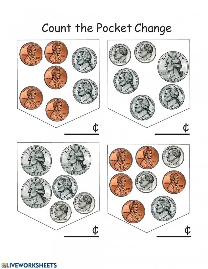 Count the Pocket Change worksheet for young learners in number theory A fun worksheet for kindergarteners to practice counting pocket change
