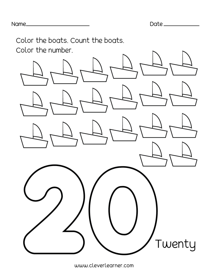 Kindergarten worksheet with 20 teacups to color and count for number recognition