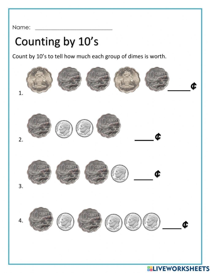 First Grade worksheet with dimes for counting and skip counting practice
