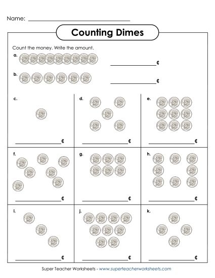 First-grade worksheet featuring dimes for counting and skip counting practice