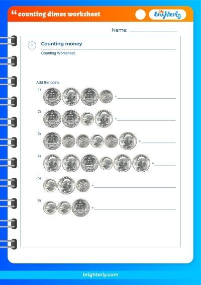 First Grade worksheet for counting dimes with coins and numbers