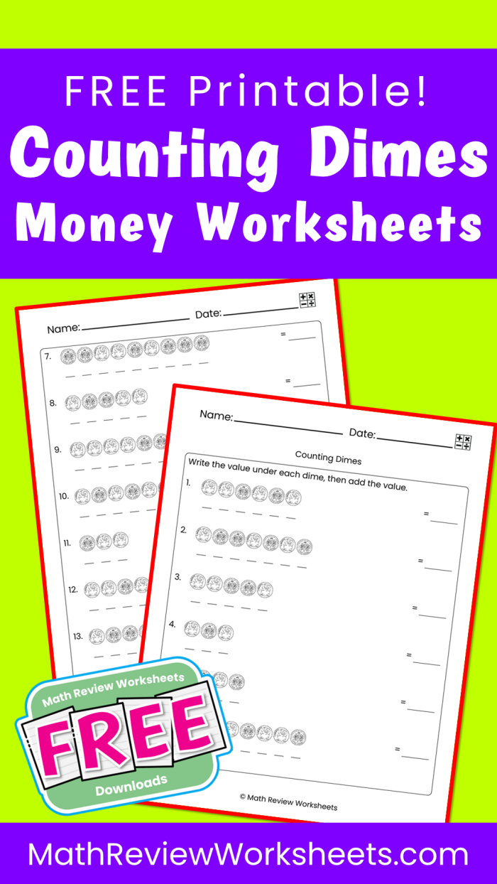 Worksheet image 7 focused on recognizing dimes and writing their total value in cents First Grade Counting Dimes worksheet showing coins and cents to practice math and handwriting skills