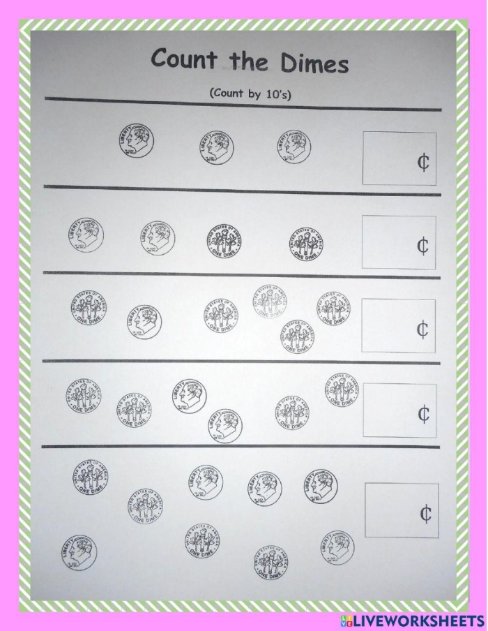 First Grade student counting dimes on a How Many Dimes worksheet for learning coins and skip counting