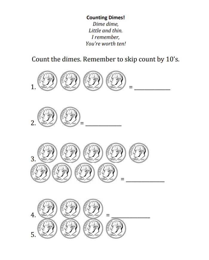 First Grade worksheet showing coins for counting dimes and practicing skip counting
