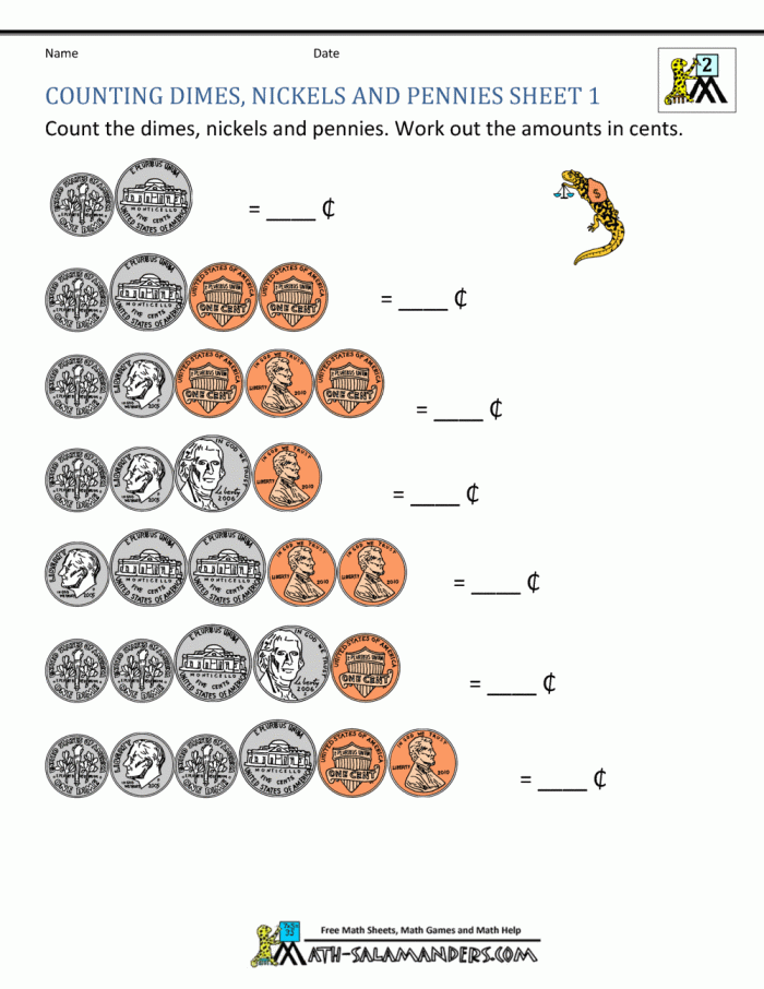 First Grade worksheet featuring counting dimes to practice skip counting