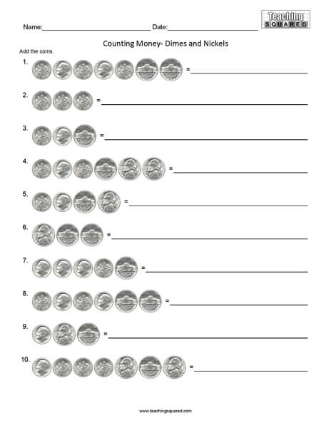First Grade How Many Dimes worksheet for counting coins and learning skip counting