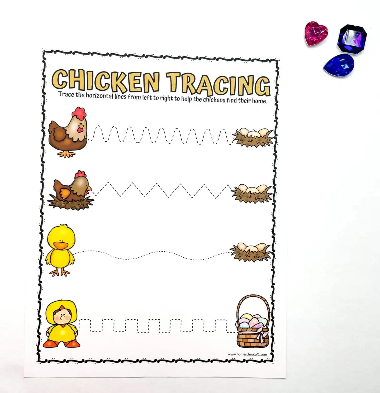 Number practice worksheet for first graders featuring eggs to fill in missing numbers up to 50 First Grade Count Your Chickens worksheet with missing numbers on eggs up to 50