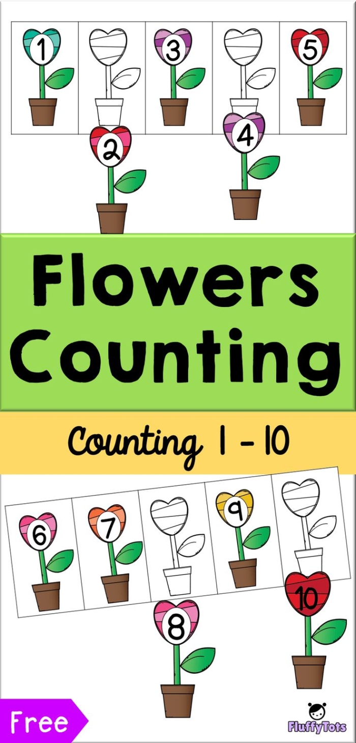 Engaging worksheet for Pre-K kids to enhance their number skills through flower coloring Counting Flowers worksheet featuring colorful flowers for preschool counting practice