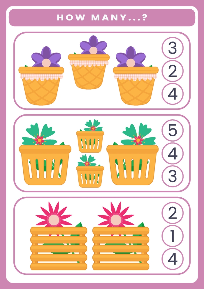 Engaging flowers worksheet for young learners: How Many Are There? Colorful flower counting worksheet designed for preschoolers to practice subtraction skills