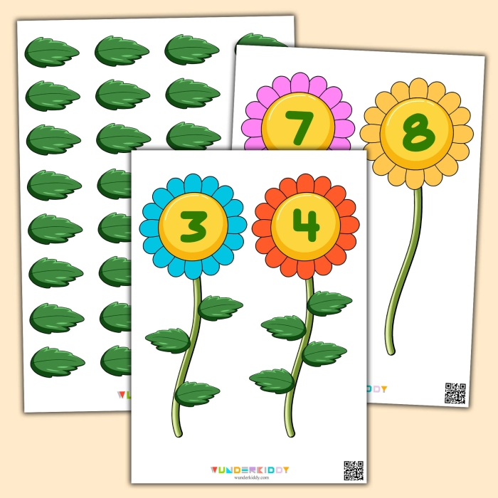 Engaging counting activity designed to enhance number skills for Pre-K students Counting Flowers worksheet for preschoolers featuring colorful illustrations of flowers and petals