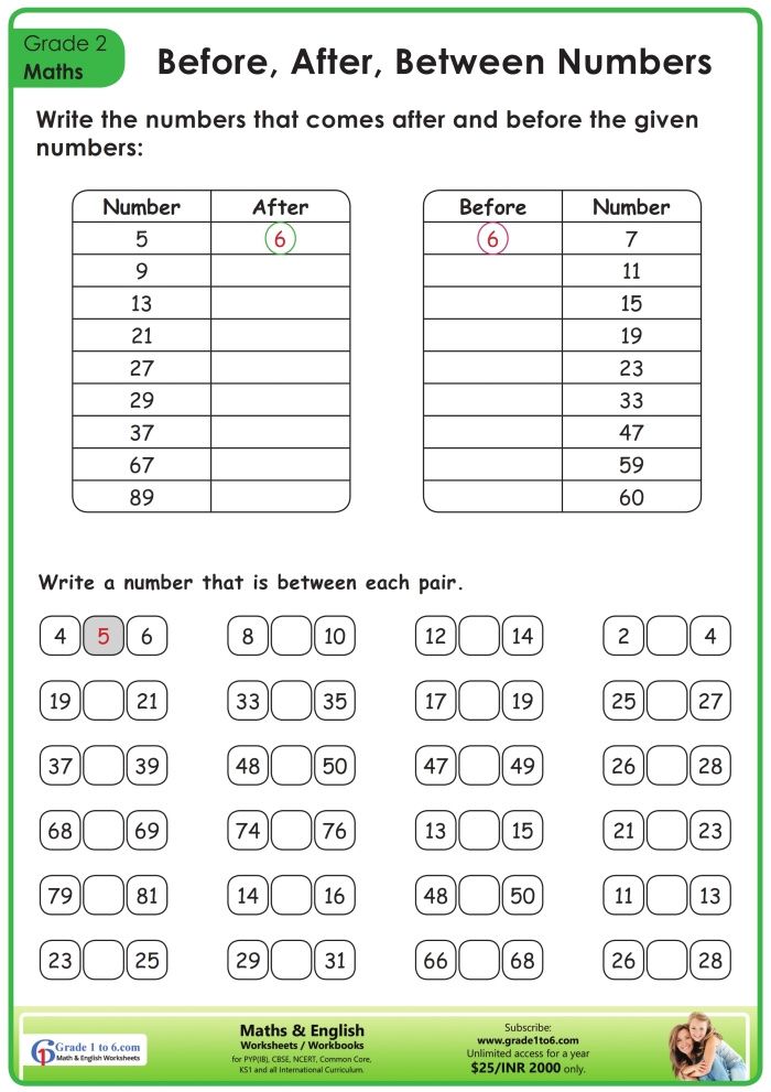 Printable counting worksheet for young learners to improve number sequencing skills, image 24 First Grade math worksheet focusing on before, after, and between numbers for counting practice