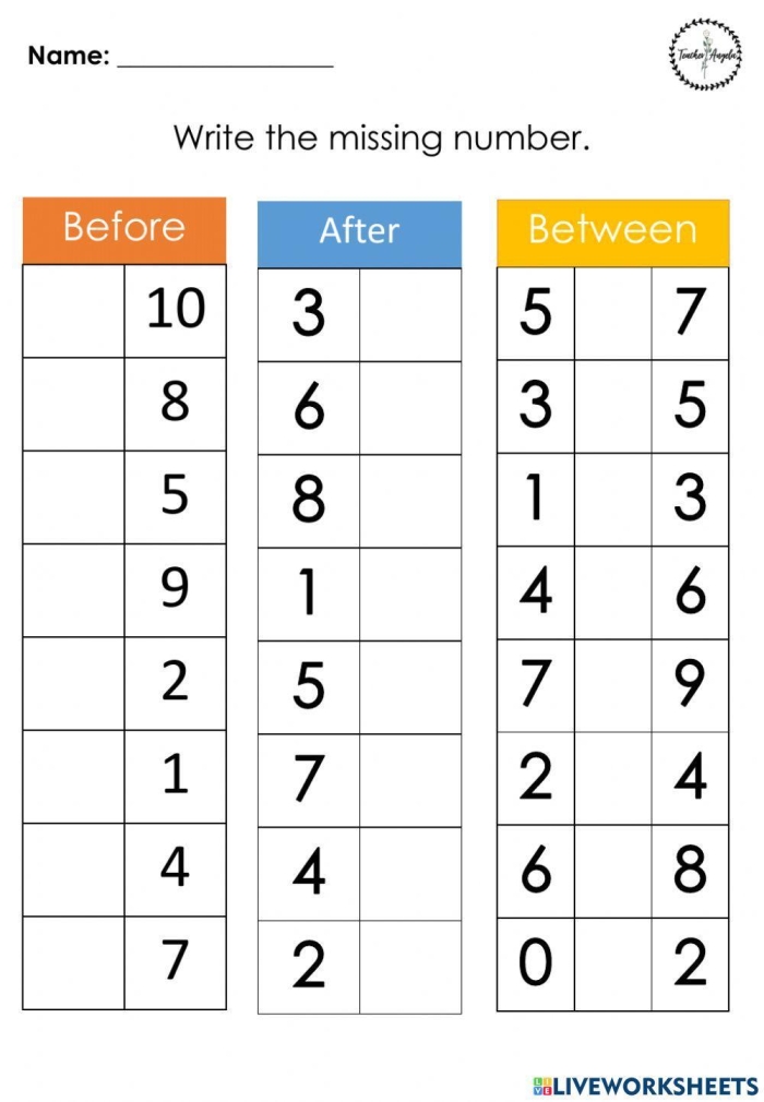 Printable math worksheet for practicing number sequences in first grade, image 14 First Grade Before, After, and Between Numbers worksheet focusing on counting skills
