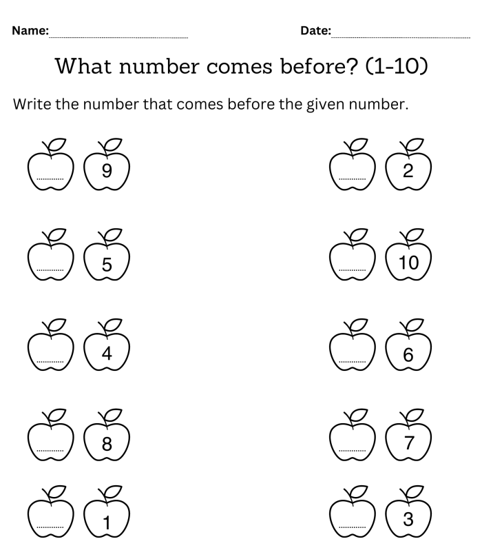Printable math worksheet for young learners on number sequences and counting skills First Grade worksheet focusing on before, after, and between numbers for counting practice