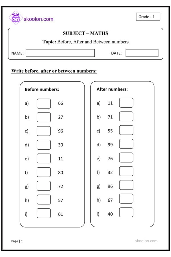 Printable counting activity for young learners on before, after, and between numbers skills First Grade worksheet focused on before, after, and between numbers for counting practice