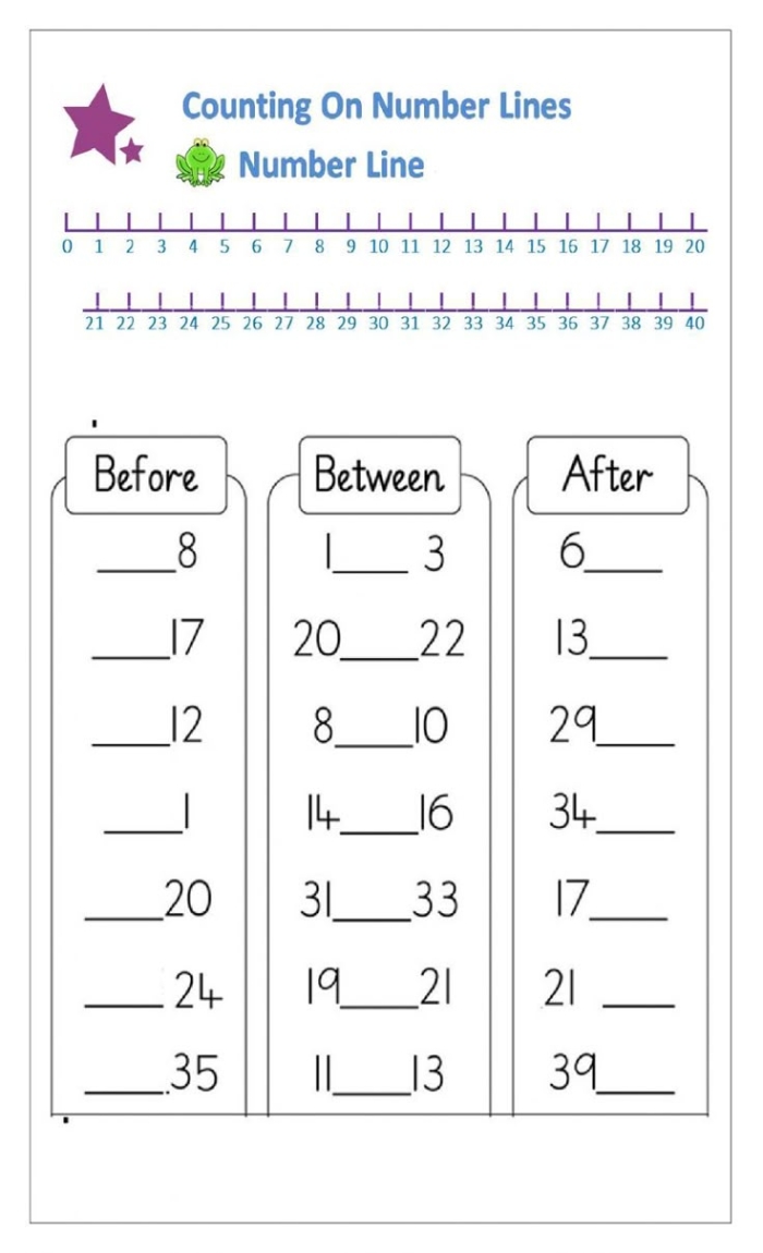 Printable counting worksheet for first graders on before, after, and between numbers, image 8 First Grade Before, After, and Between Numbers worksheet focusing on counting practice