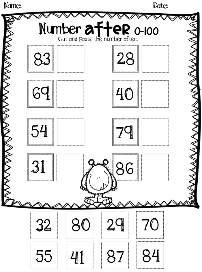 Printable counting activity for young learners to master number sequences in first grade First Grade math worksheet focusing on before, after, and between numbers for counting practice