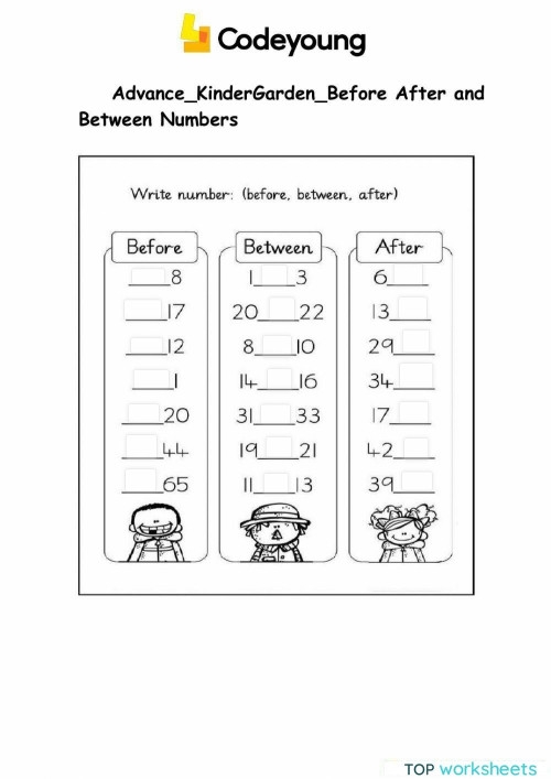 Printable counting activity for young learners practicing number sequences and math skills First Grade worksheet focusing on identifying before, after, and between numbers in counting exercises