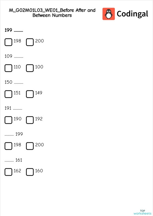 Printable worksheet for practicing number sequences in first grade math class, image 12 First Grade math worksheet focusing on before, after, and between numbers for counting practice