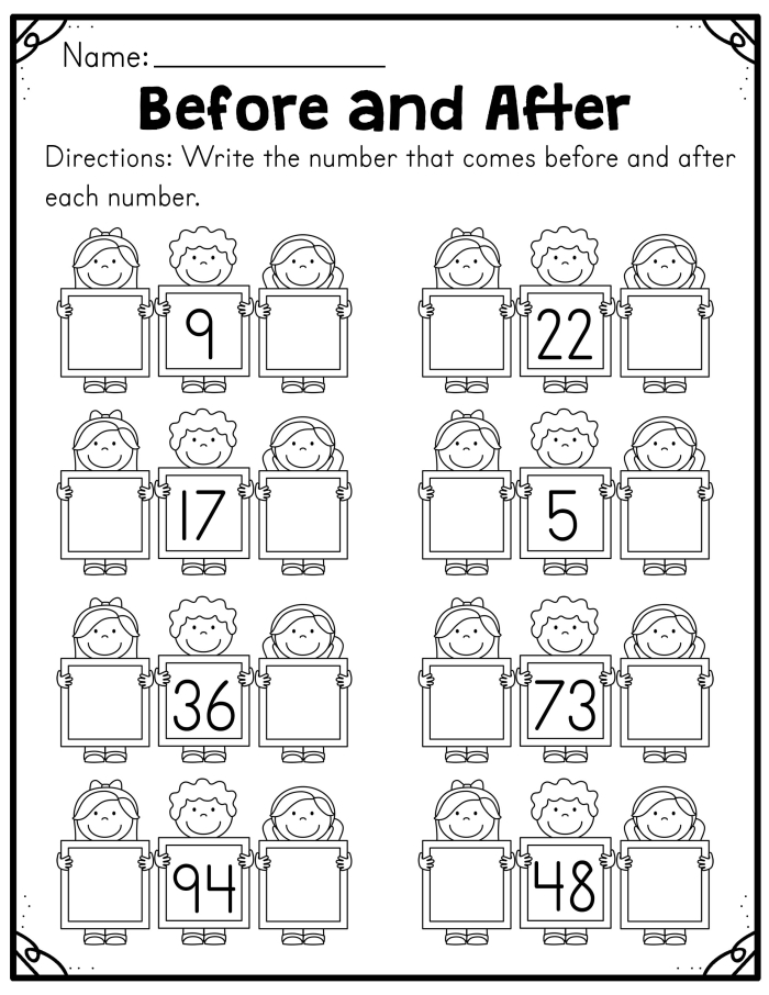 Printable counting worksheet for kids to improve number sequencing skills in first grade First Grade math worksheet focusing on before, after, and between numbers for counting practice