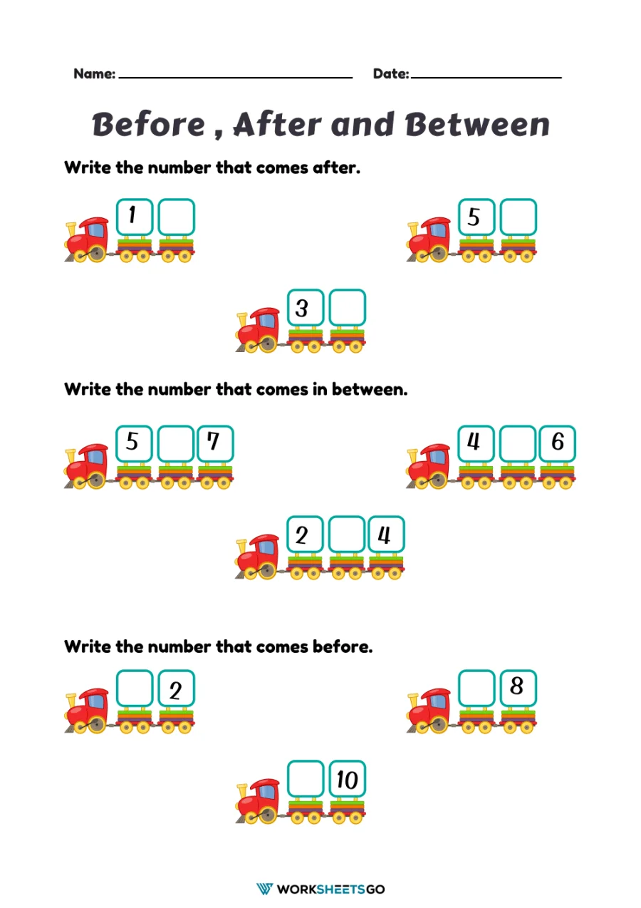 Printable counting exercise for young learners to improve number sequencing skills First Grade math worksheet focusing on before, after, and between numbers counting practice