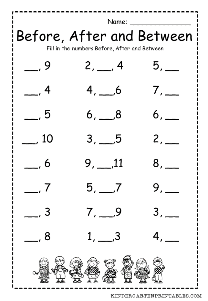 Printable counting activity for young learners on number sequences and placement First Grade math worksheet focusing on before, after, and between numbers for counting practice
