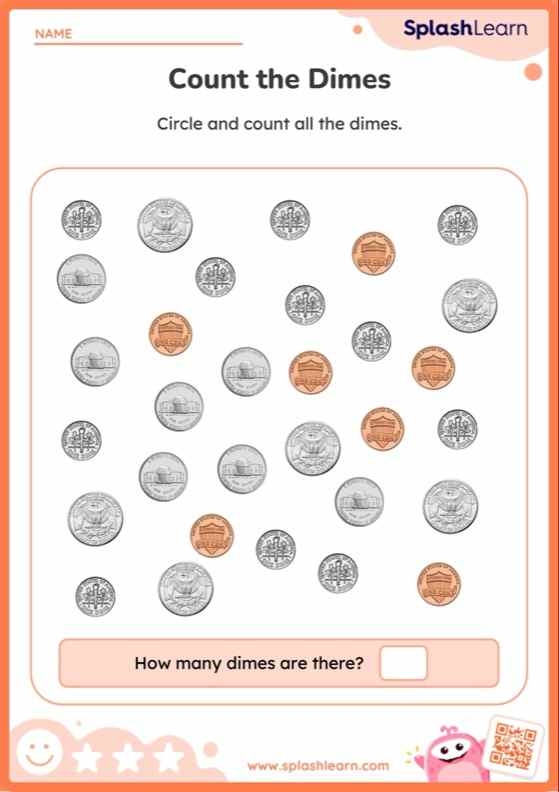 First Grade How Many Dimes worksheet for counting and skip-counting practice