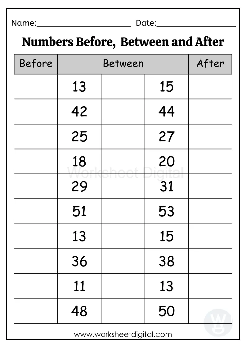 Printable counting activity for young learners with before and after number exercises in grade one First grade math worksheet focusing on before, after, and between numbers for counting practice