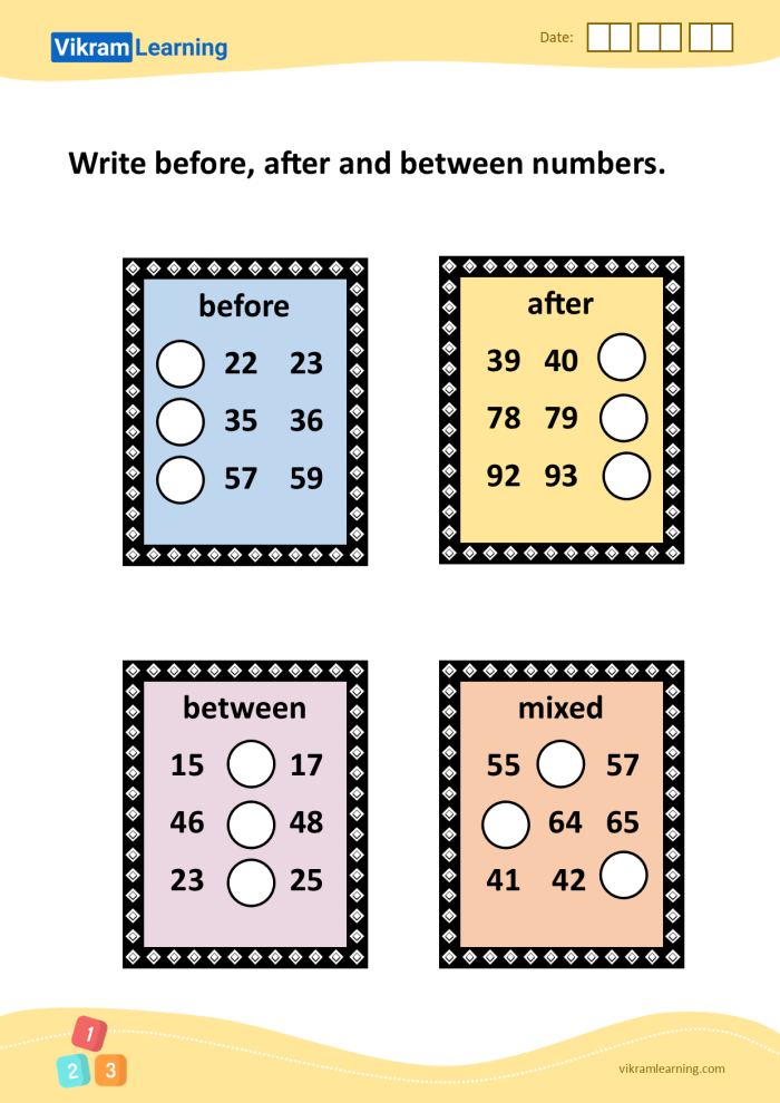 Printable math worksheet for kids to improve number sequencing skills, image 5 First Grade Before, After, and Between Numbers worksheet focused on counting practice