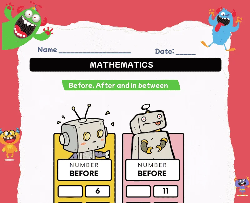 Printable math activity focused on number sequences for young learners, image 3 First Grade worksheet practicing before, after, and between numbers for counting skills