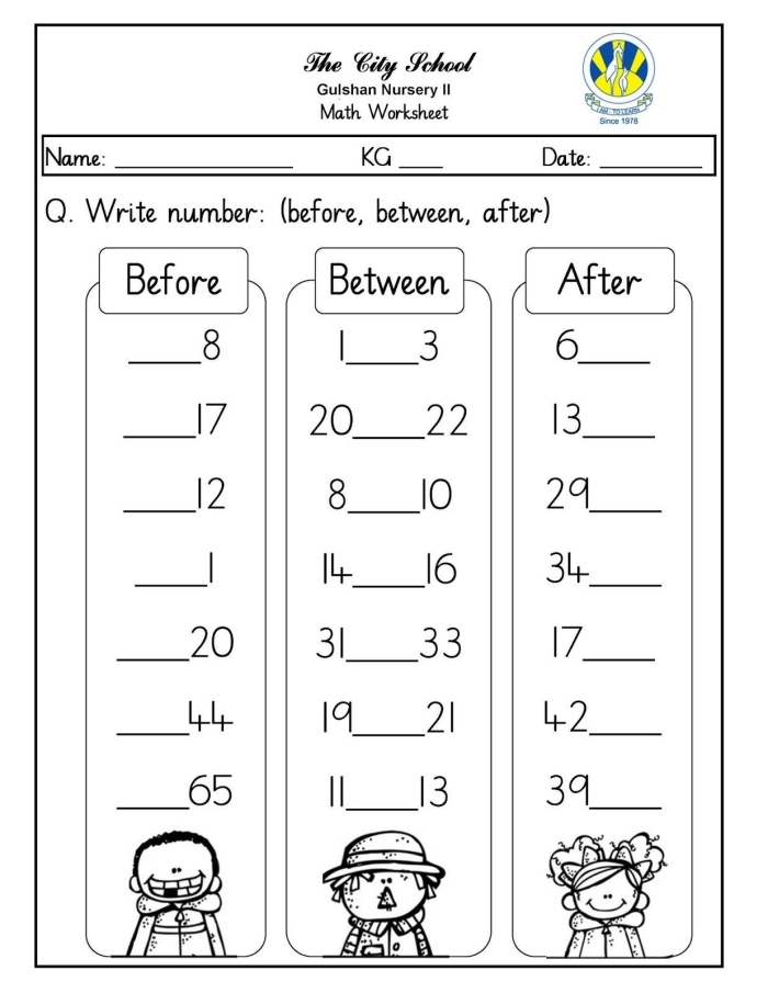 Printable counting activity for young learners on before, after, and between numbers, image 6 First Grade worksheet focused on before, after, and between numbers to practice counting skills